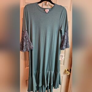 LULAROE MAURINE Dress Small Solid Teal Lace Sleeves ress with Lace Sleeves